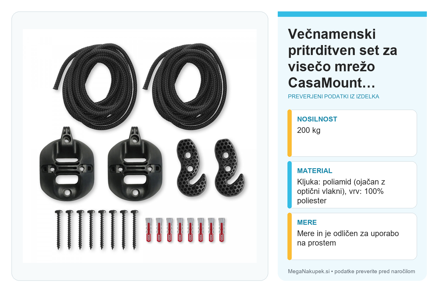 Večnamenski pritrditven set za visečo mrežo CasaMount črn – infografika s preverjenimi podatki