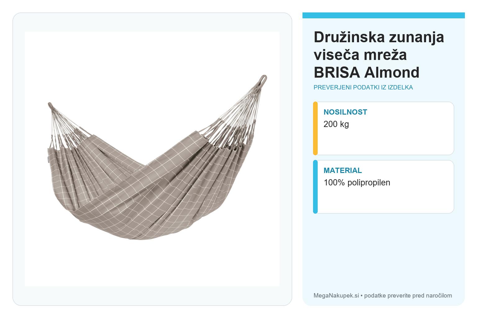 Družinska zunanja viseča mreža BRISA Almond – infografika s preverjenimi podatki