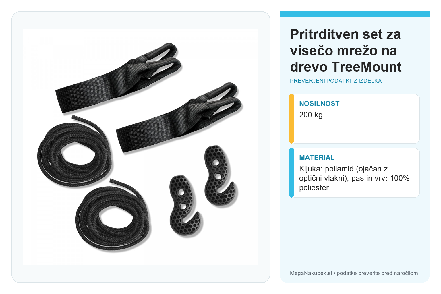 Pritrditven set za visečo mrežo na drevo TreeMount – infografika s preverjenimi podatki
