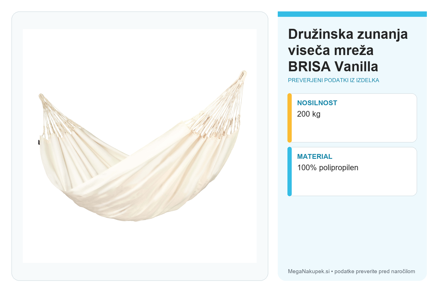 Družinska zunanja viseča mreža BRISA Vanilla – infografika s preverjenimi podatki