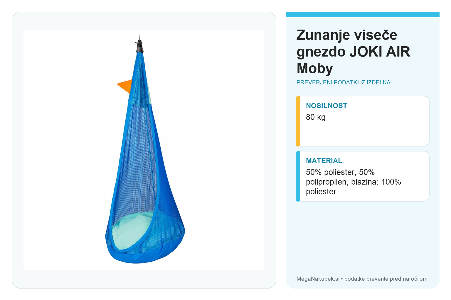 Zunanje viseče gnezdo JOKI AIR Moby – infografika s preverjenimi podatki