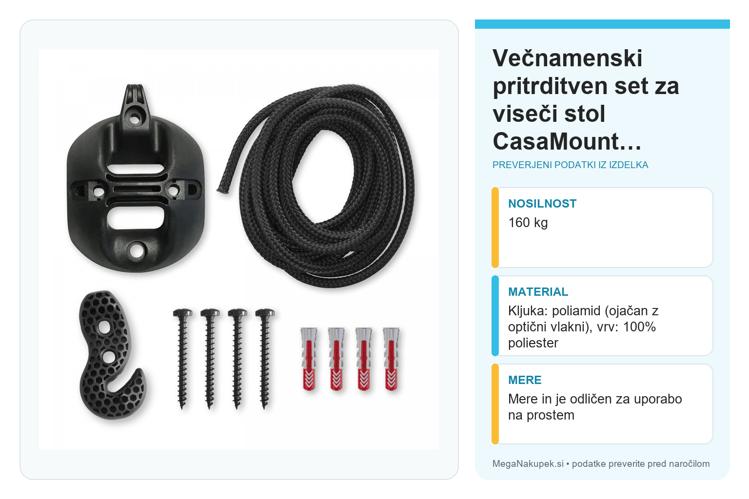 Večnamenski pritrditven set za viseči stol CasaMount črn – infografika s preverjenimi podatki