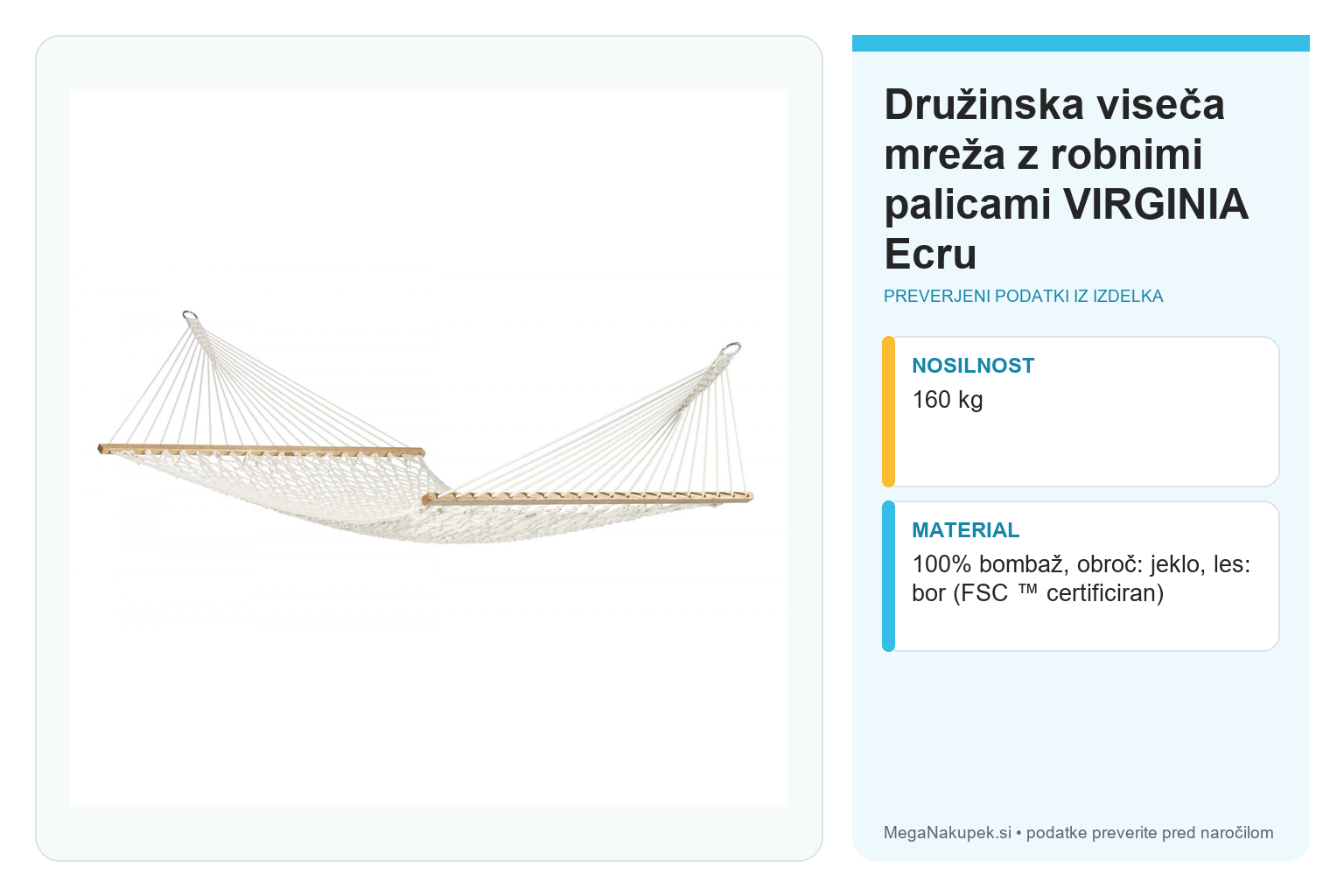Družinska viseča mreža z robnimi palicami VIRGINIA Ecru – infografika s preverjenimi podatki