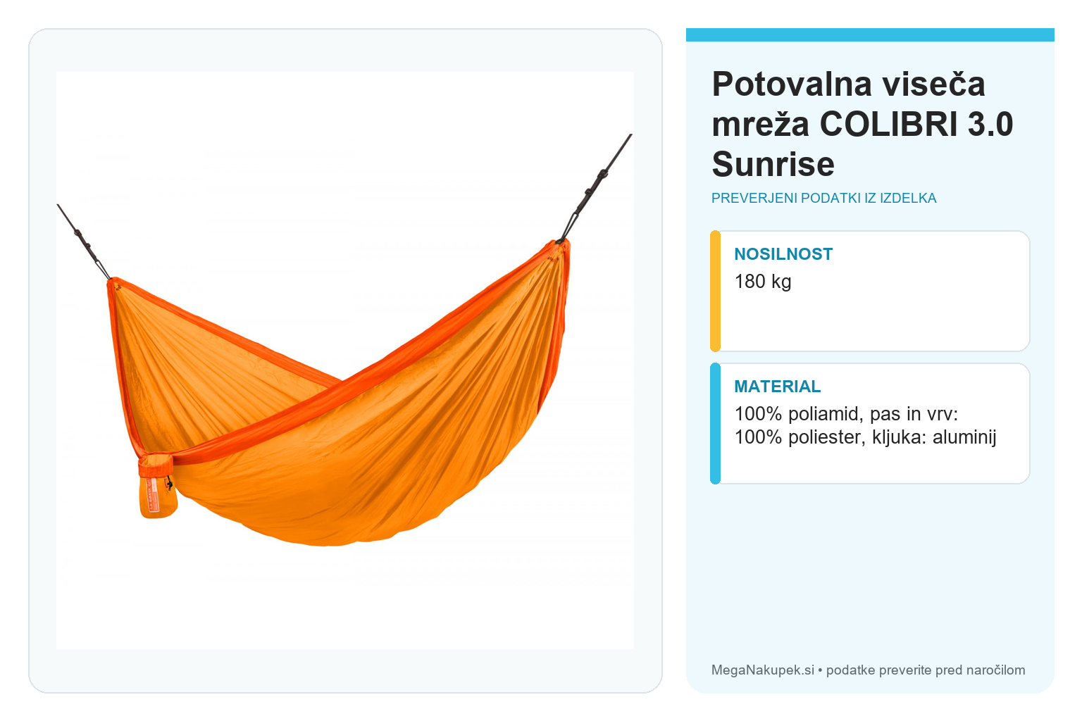 Potovalna viseča mreža COLIBRI 3.0 Sunrise – infografika s preverjenimi podatki