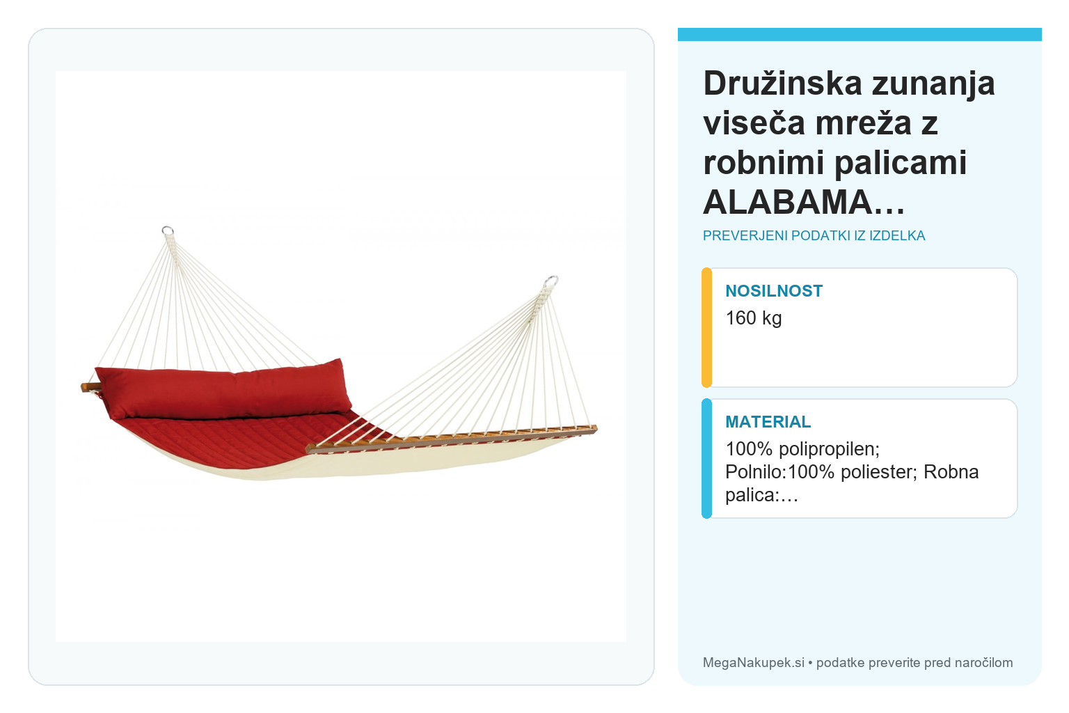 Družinska zunanja viseča mreža z robnimi palicami ALABAMA Red Pepper – infografika s preverjenimi podatki