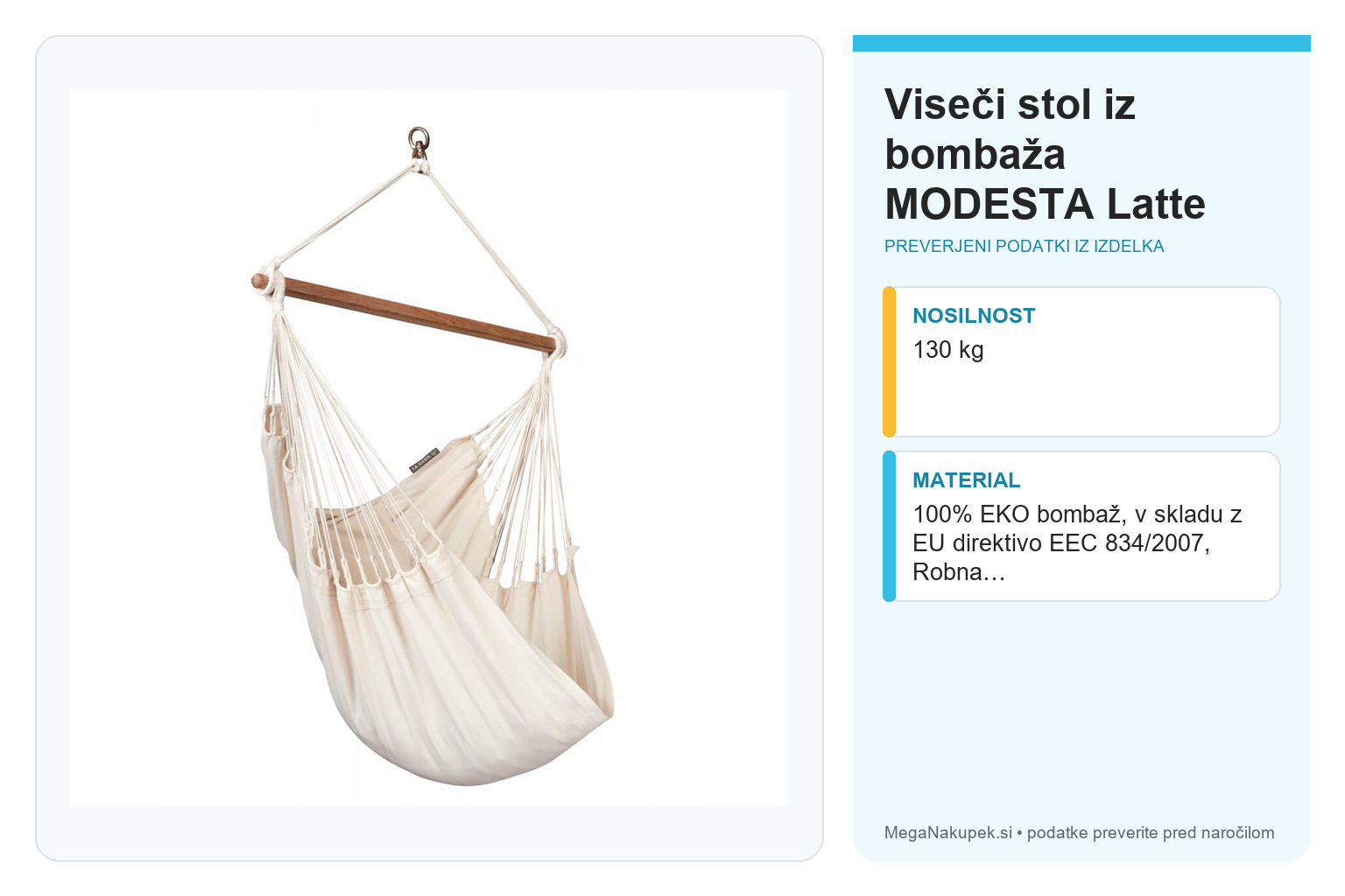 Viseči stol iz bombaža MODESTA Latte – infografika s preverjenimi podatki
