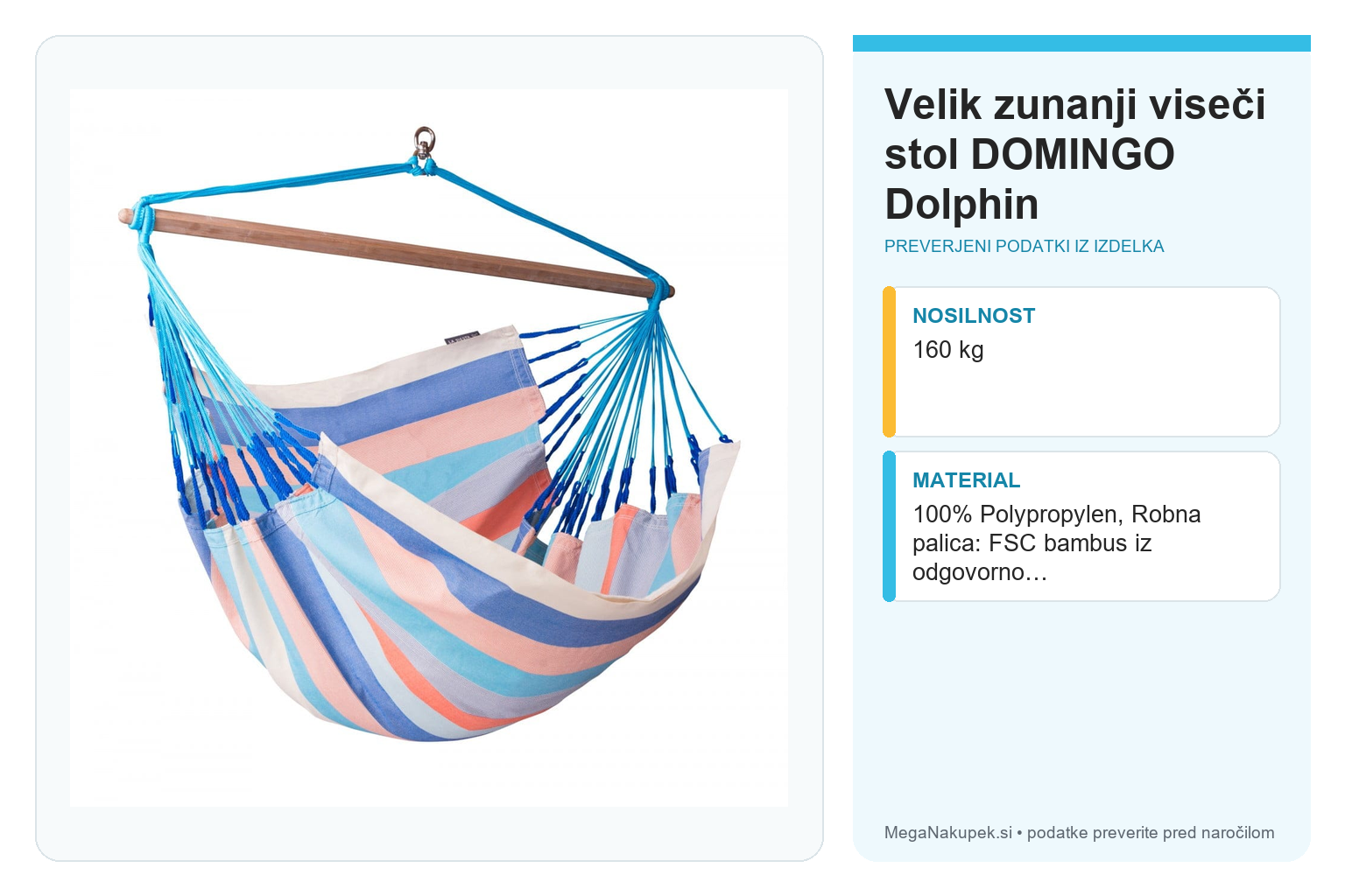 Velik zunanji viseči stol DOMINGO Dolphin – infografika s preverjenimi podatki