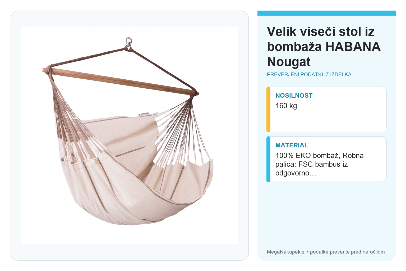 Velik viseči stol iz bombaža HABANA Nougat – infografika s preverjenimi podatki