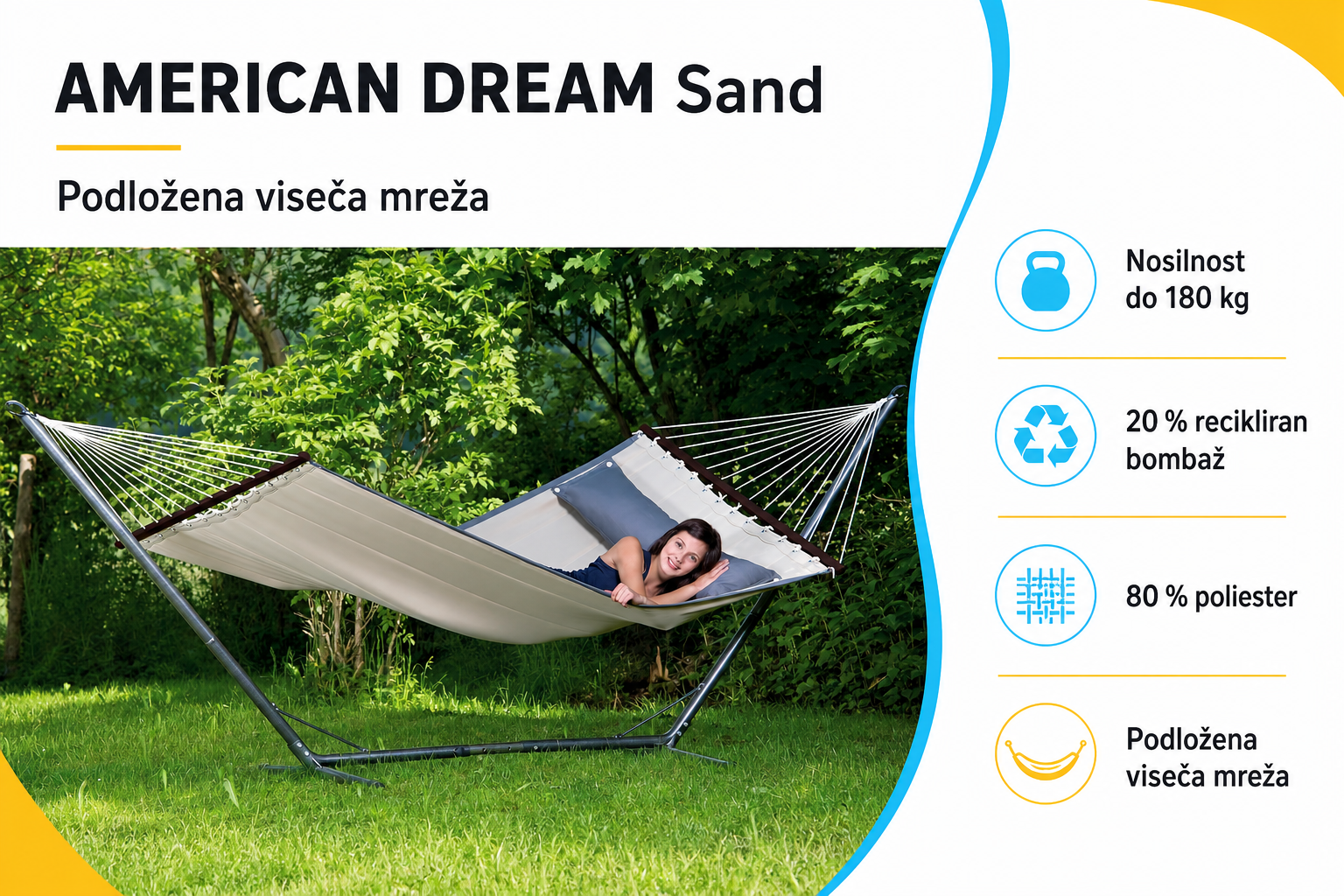 Podložena viseča mreža AMERICAN DREAM Sand z nosilnostjo do 180 kg