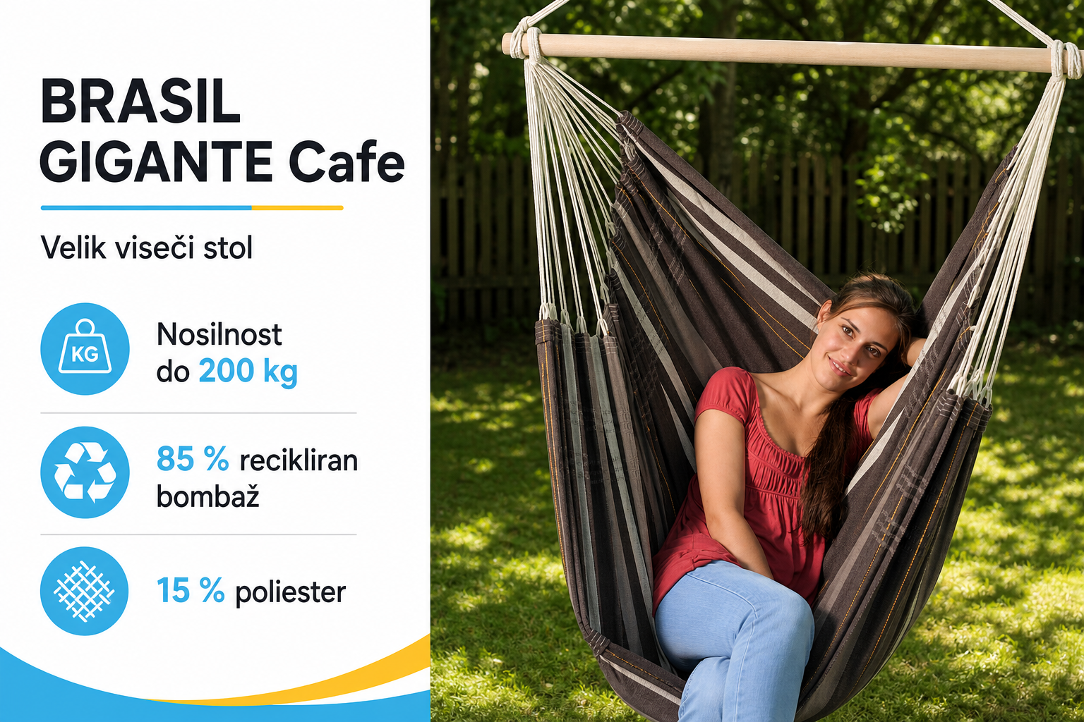 Velik viseči stol BRASIL GIGANTE Cafe z nosilnostjo do 200 kg