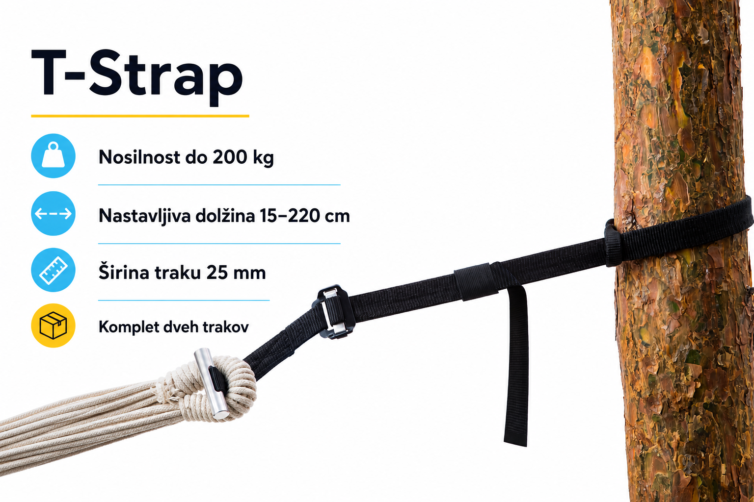 Pas za pritrditev viseče mreže T-Strap z nastavitvijo od 15 do 220 cm
