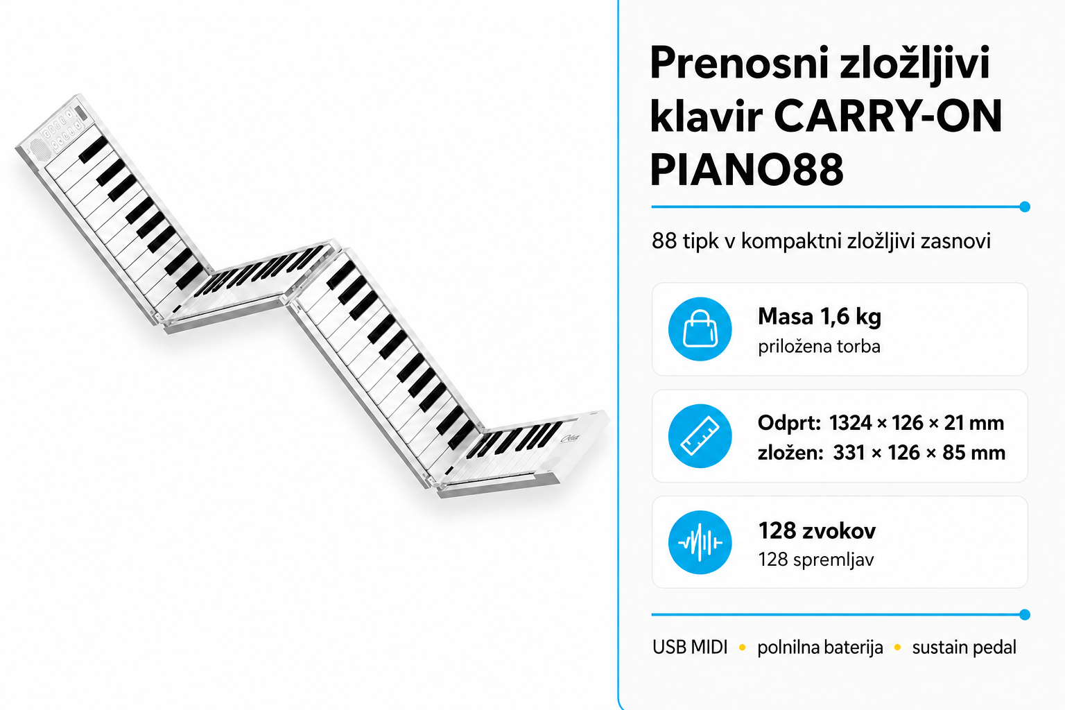 Prenosni zložljivi klavir CARRY-ON PIANO88 z 88 tipkami in torbo
