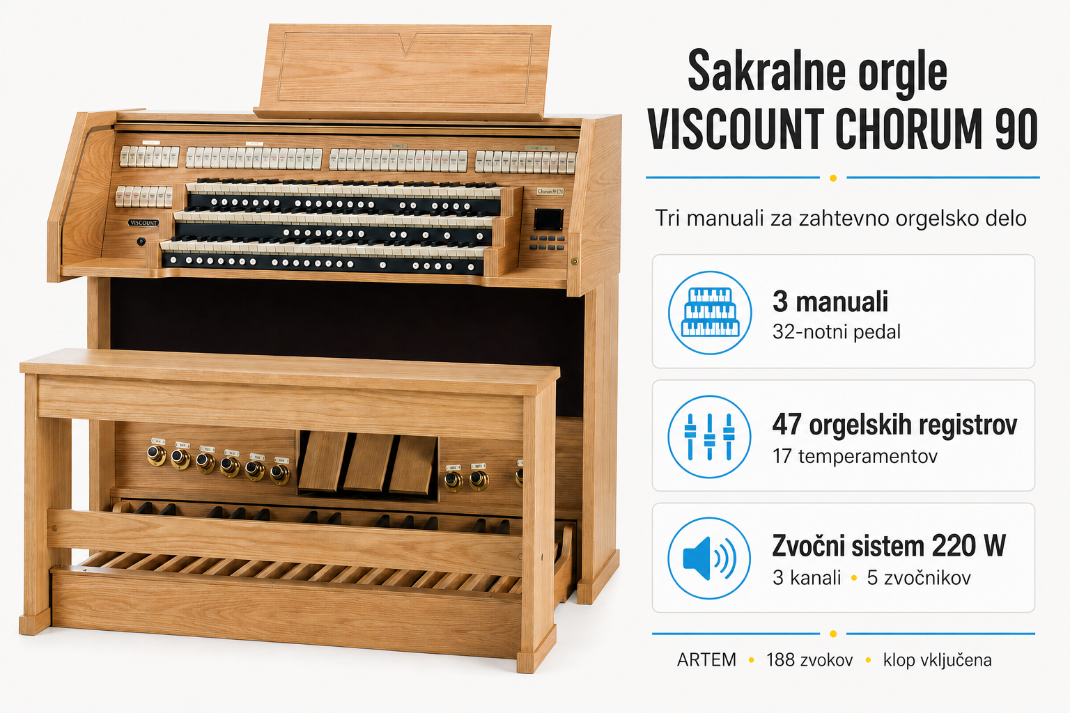 Sakralne orgle VISCOUNT CHORUM 90 s tremi manuali in 32-notnim pedalom